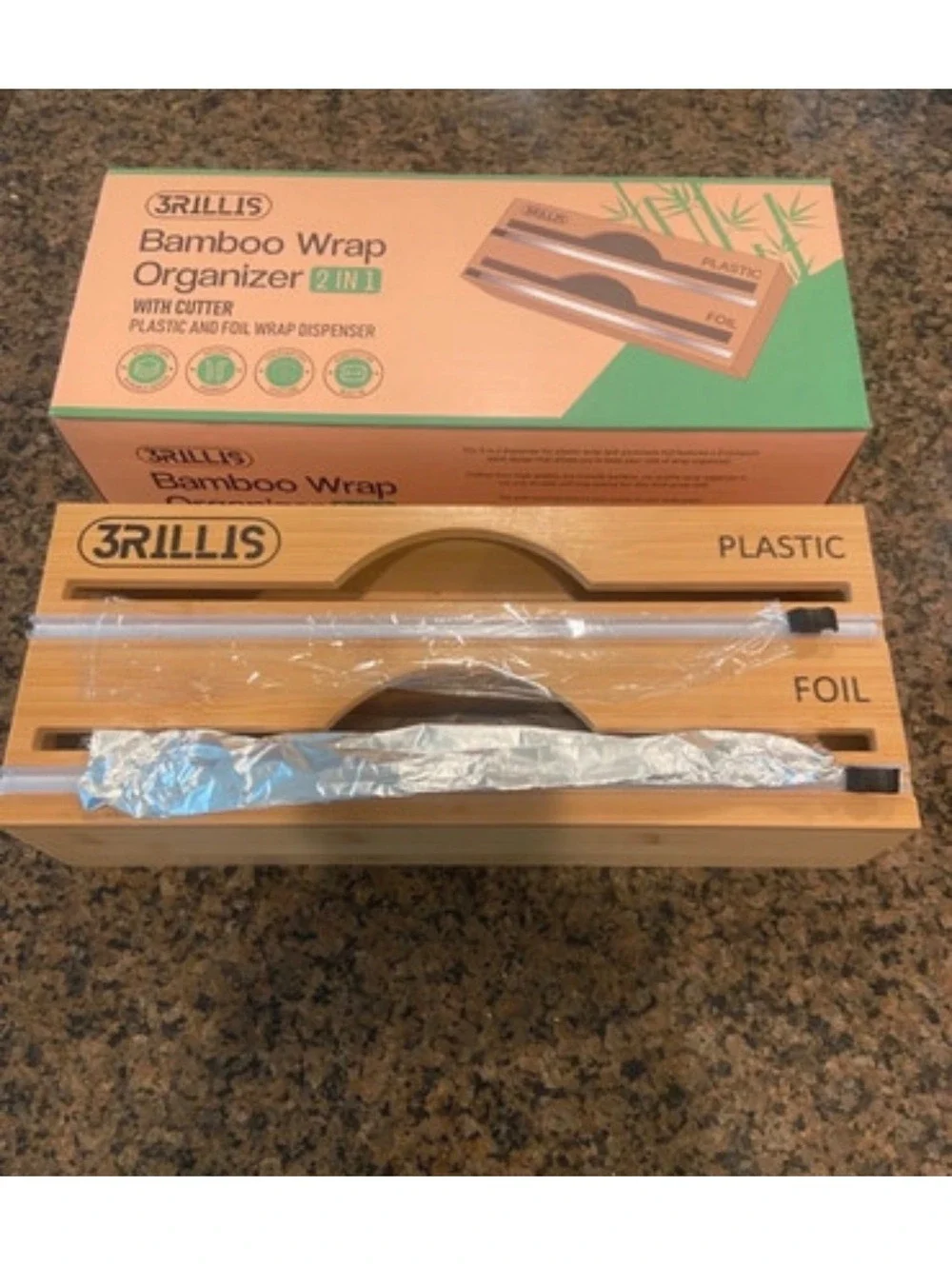 3Rillis Bamboo Wrap Organizer 2-in-1 Plastic and Foil Wrap Dispenser
